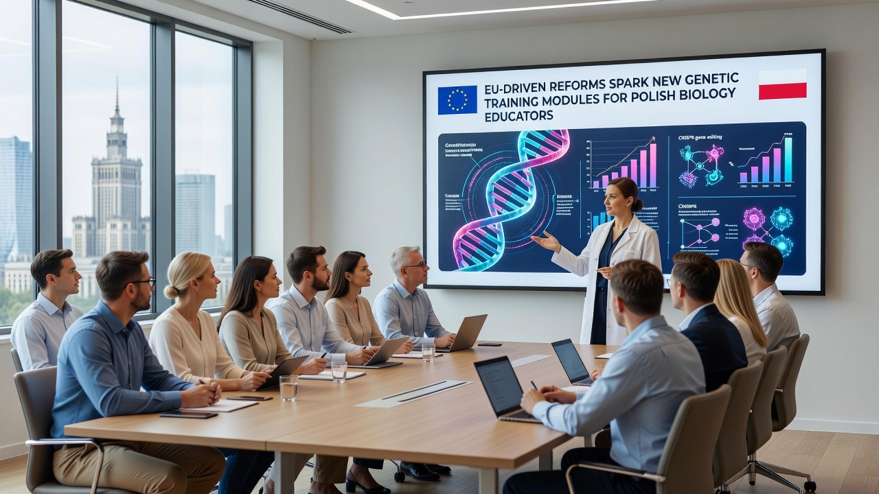 Educators examining DNA samples during a genetics training session in Poland