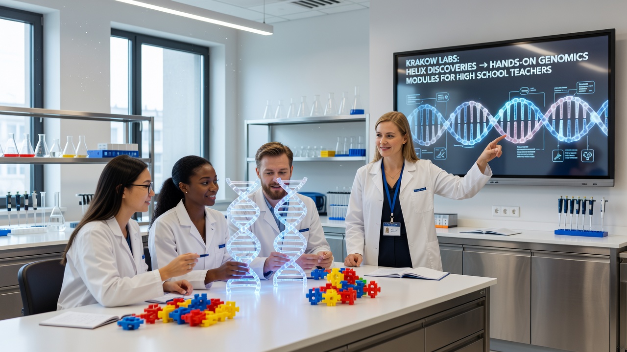 High school teachers during a Krakow workshop assembling portable genomics experiment stations and reviewing helix-based activity instructions