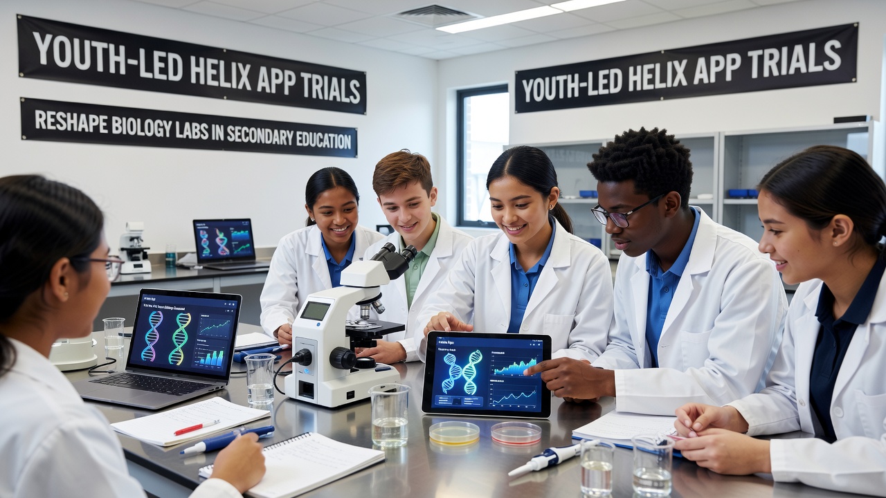 Close-up view of a secondary student adjusting parameters in the Helix app while classmates observe the resulting molecular simulation on a shared screen